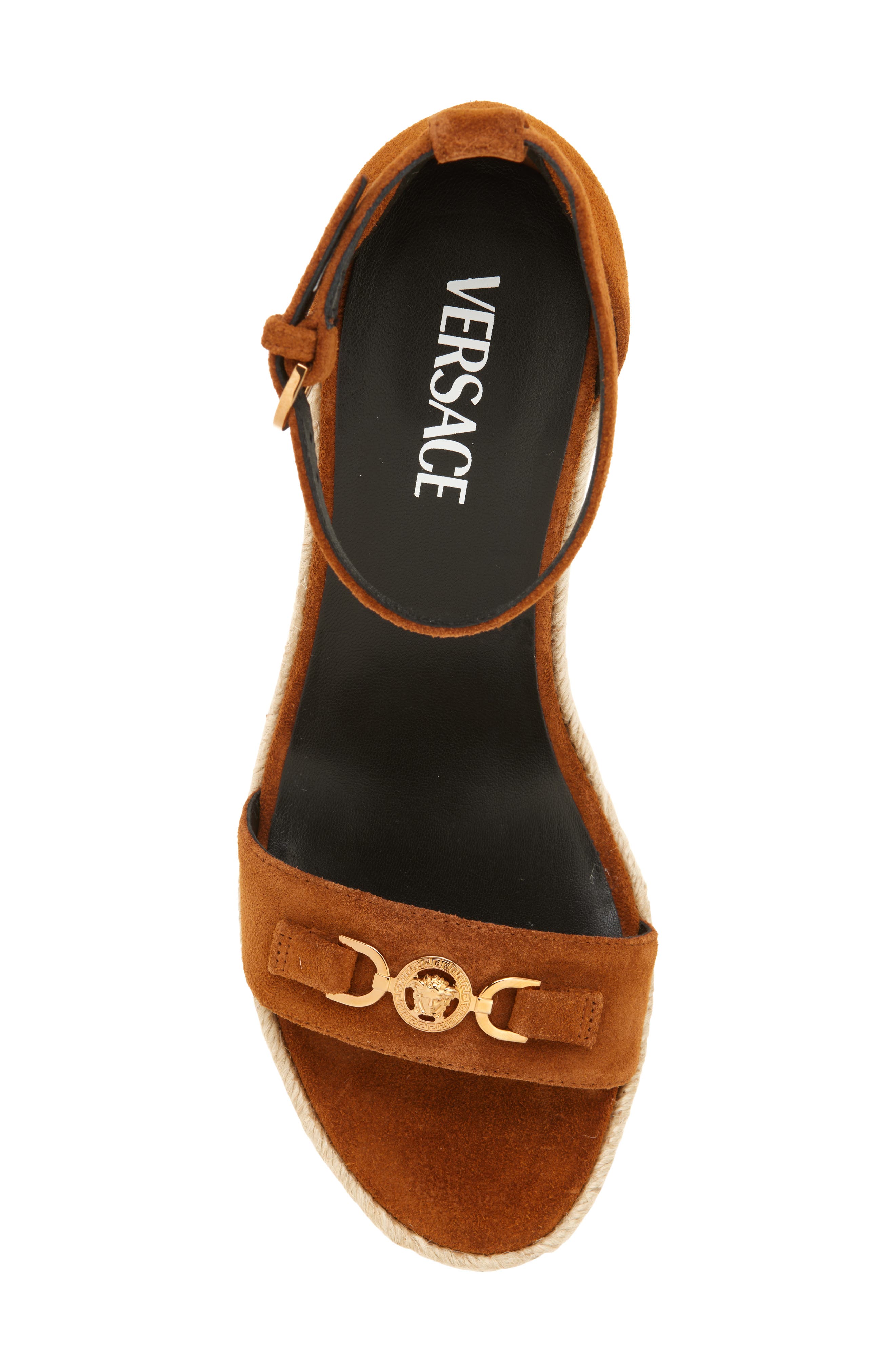 Versace Medusa '95 Suede Espadrille Wedge Sandal, Alternate, color, Spice Brown-Versace Gold