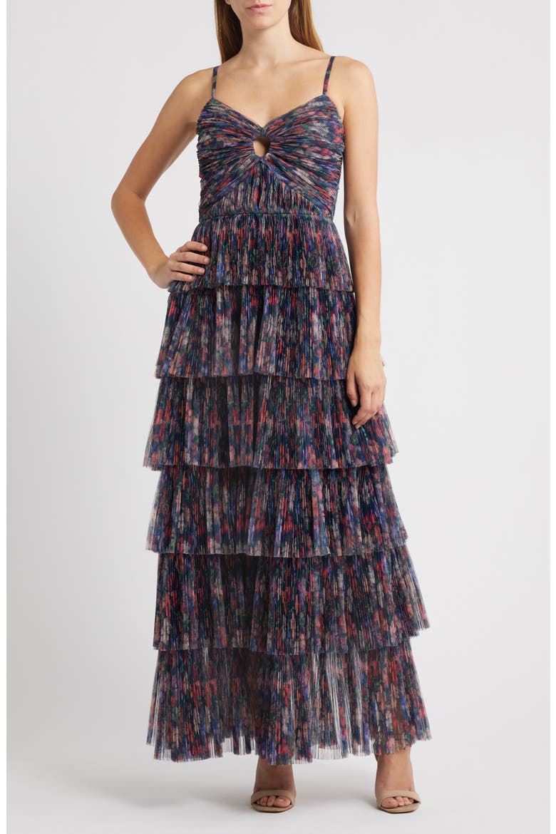 Floral Gathered Tiered Evening Gown, Main, color, NAVY GARDEN