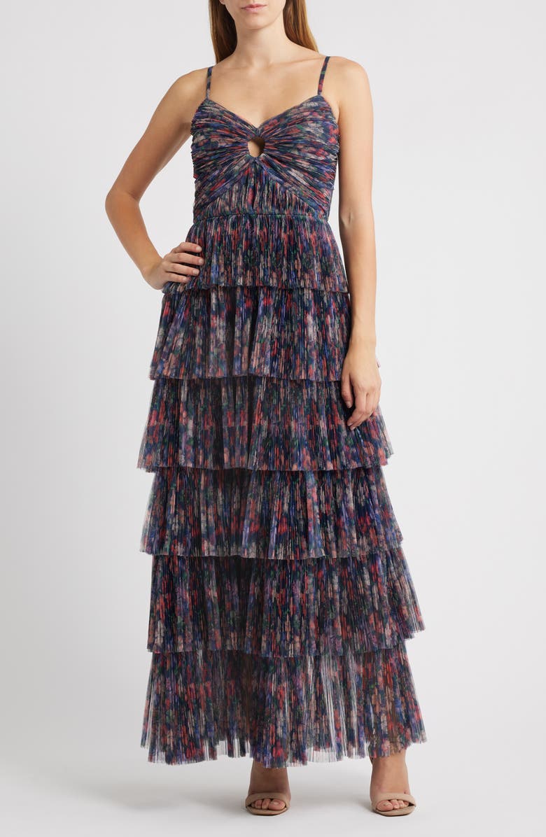 Hutch Floral Gathered Tiered Evening Gown, Main, color, Navy Garden