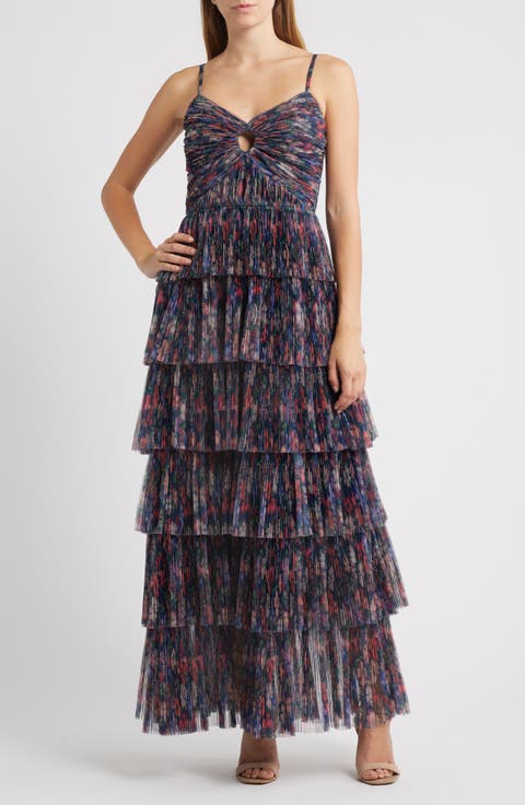 Floral Gathered Tiered Evening Gown