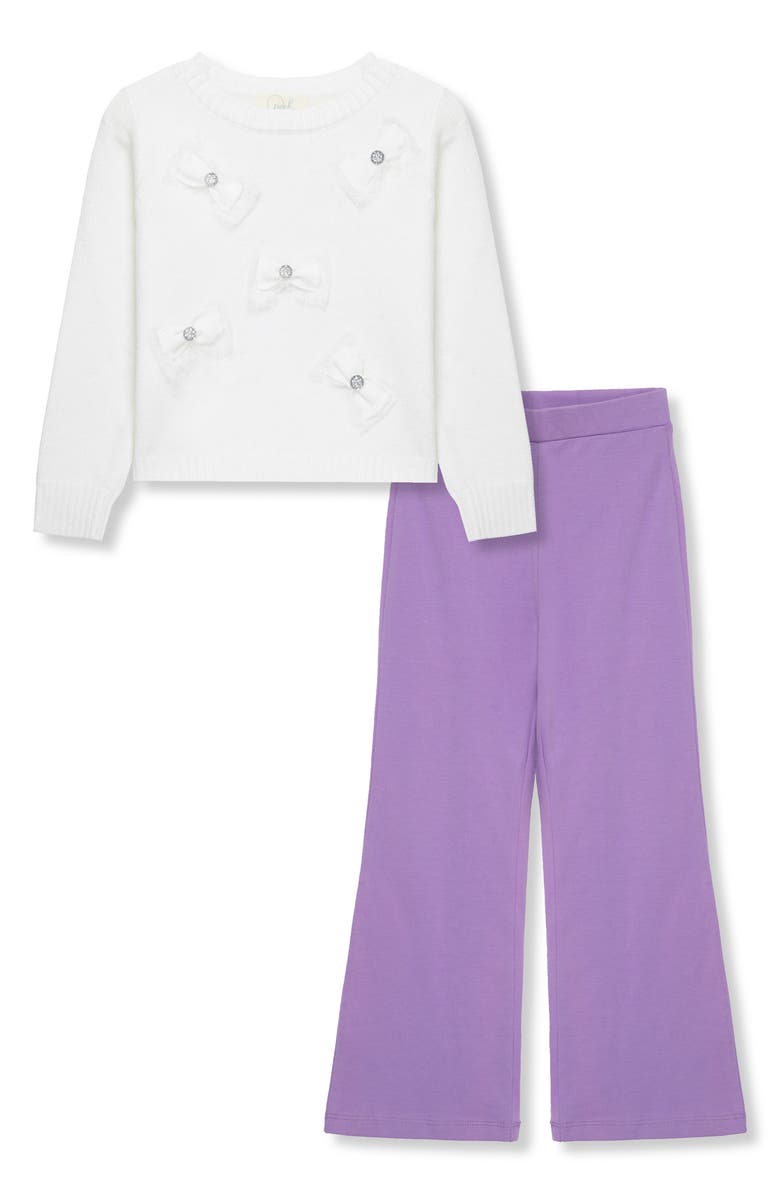Peek Aren't You Curious Kids' Bows Appliqué Sweater & Flare Pants Set, Main, color, Off-White