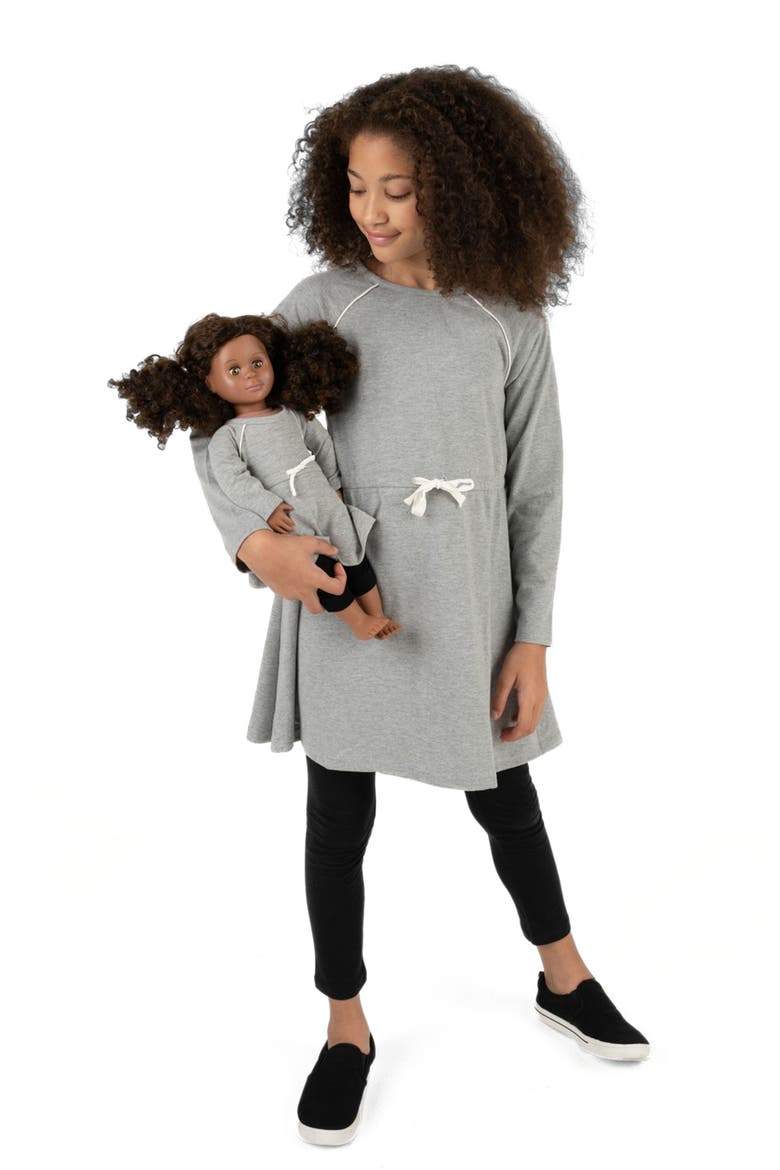 Girls Bow Tie Dress with Matching Doll Dress, Main, color, LIGHT GREY