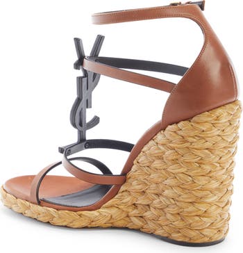 Cassandra YSL Logo Raffia Wedge Sandal