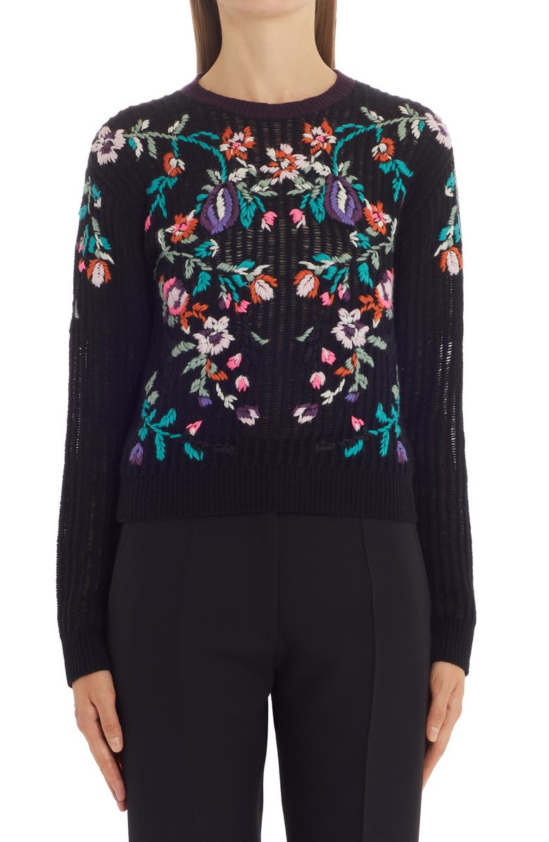 Valentino Garavani Valentino Floral Embroidered Virgin Wool Sweater, Main, color, 