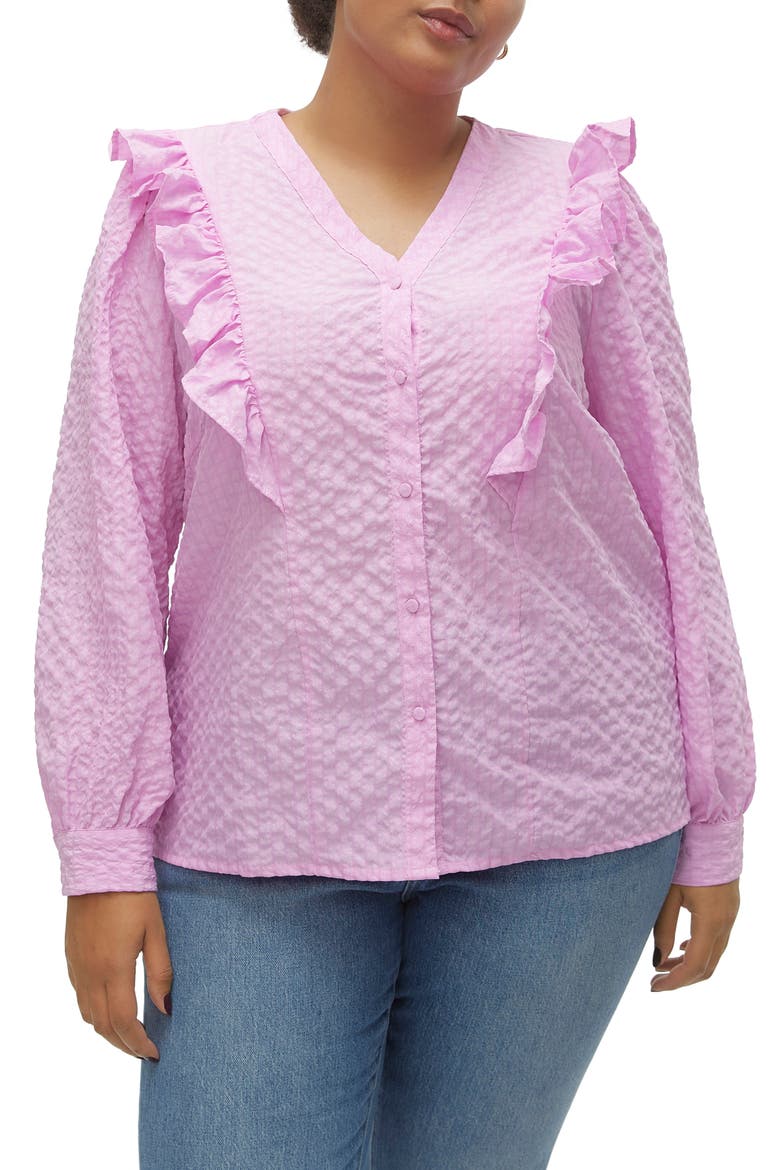 Cira Ruffle Shoulder Button-Up Shirt, Main, color, PASTEL LAVENDER