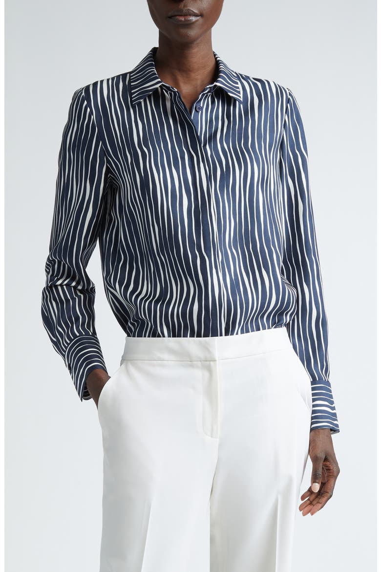 Scottie Stripe Silk Twill Button-Up Shirt, Main, color, MIDNIGHT BLUE MULTI