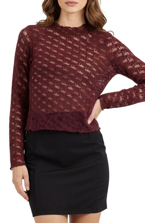 Bow Textured Mock Neck Long Sleeve Mesh Top