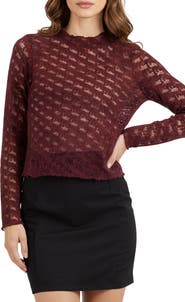 Lush Bow Textured Mock Neck Long Sleeve Mesh Top