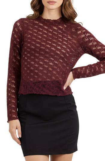Lush Bow Textured Mock Neck Long Sleeve Mesh Top In Burgundy