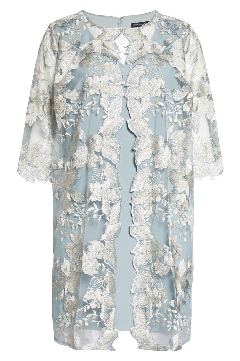 Embroidered Lace Mock Jacket Cocktail Dress, Alternate, color, ICE SAGE