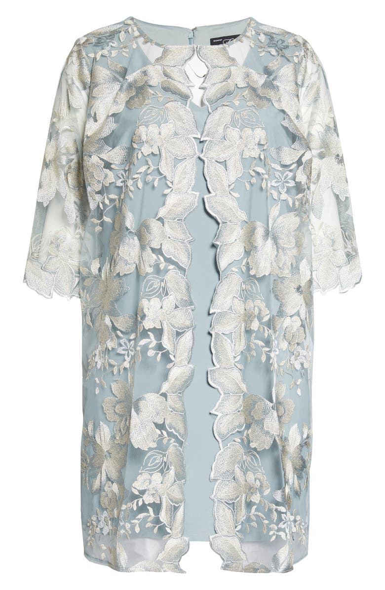Alex Evenings Embroidered Lace Mock Jacket Cocktail Dress, Alternate, color, Ice Sage