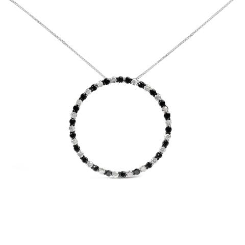 Silver 3 Cttw Diamond Open Hoop Circle Pendant Necklace