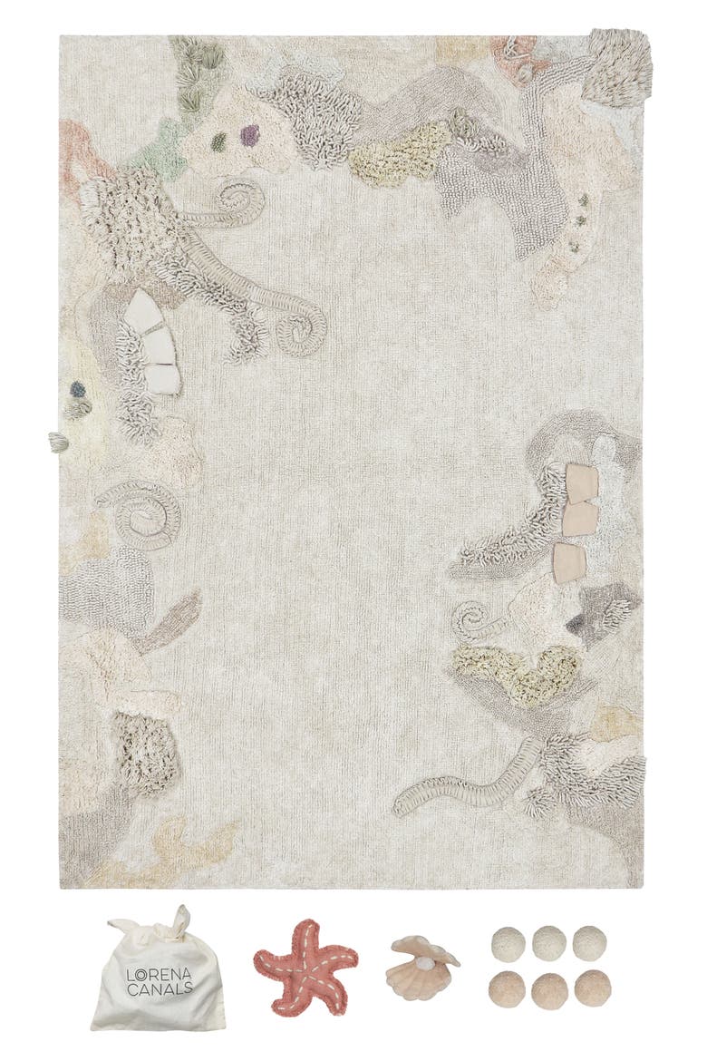 Seabed Washable Cotton Rug & Ocean Creature Set, Main, color, NATURAL HONEY OLIVE VANILLA