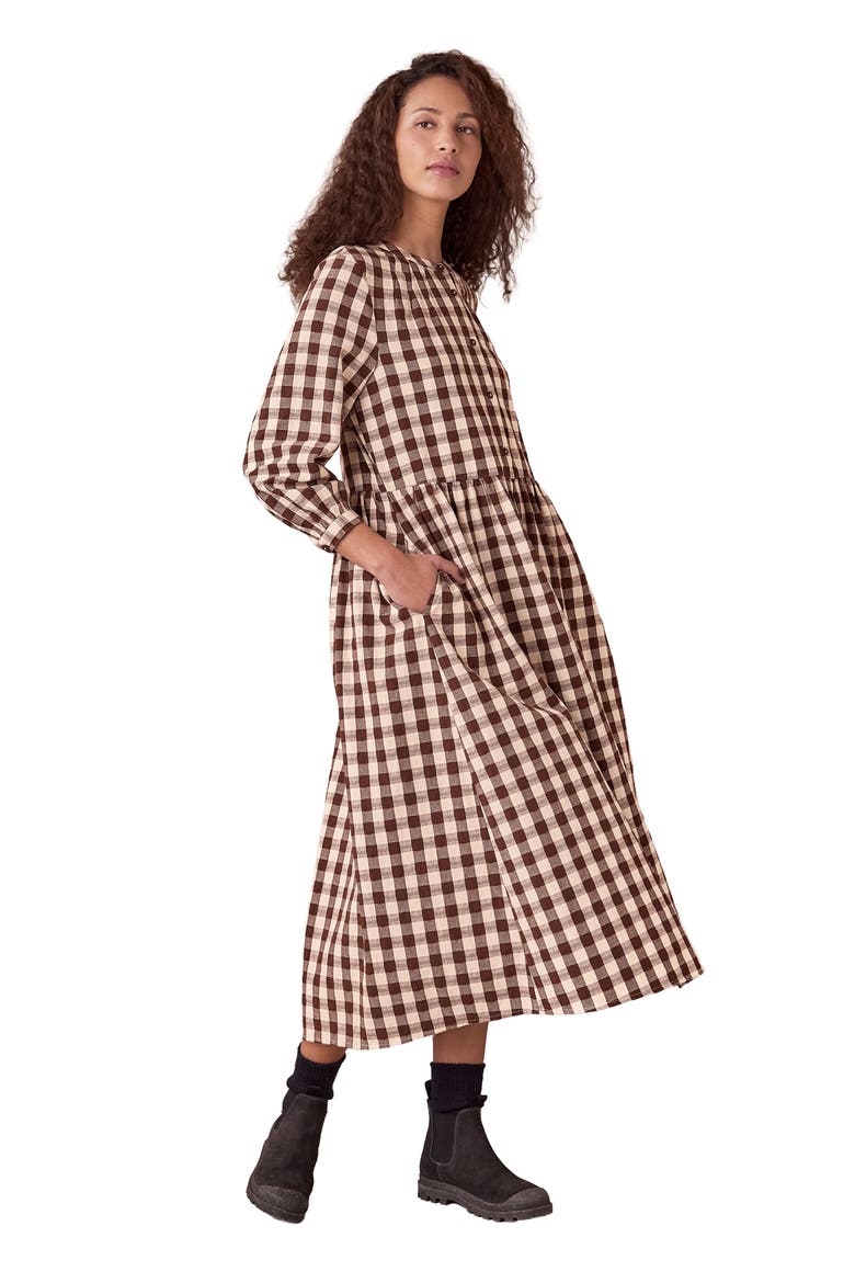 Collarless Gingham Midi Dress, Alternate, color, Chocolate Gingham