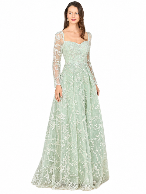 Long Sleeve Beaded Lace Gown