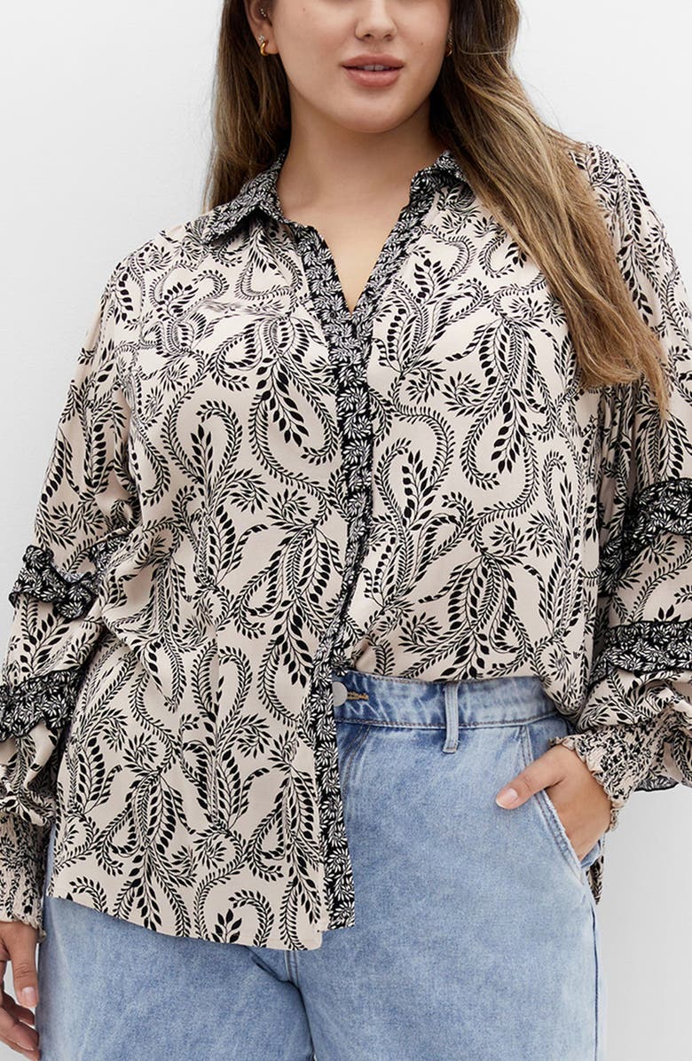 City Chic Lylah Mixed Print Long Sleeve Button-Up Shirt, Main, color, Print