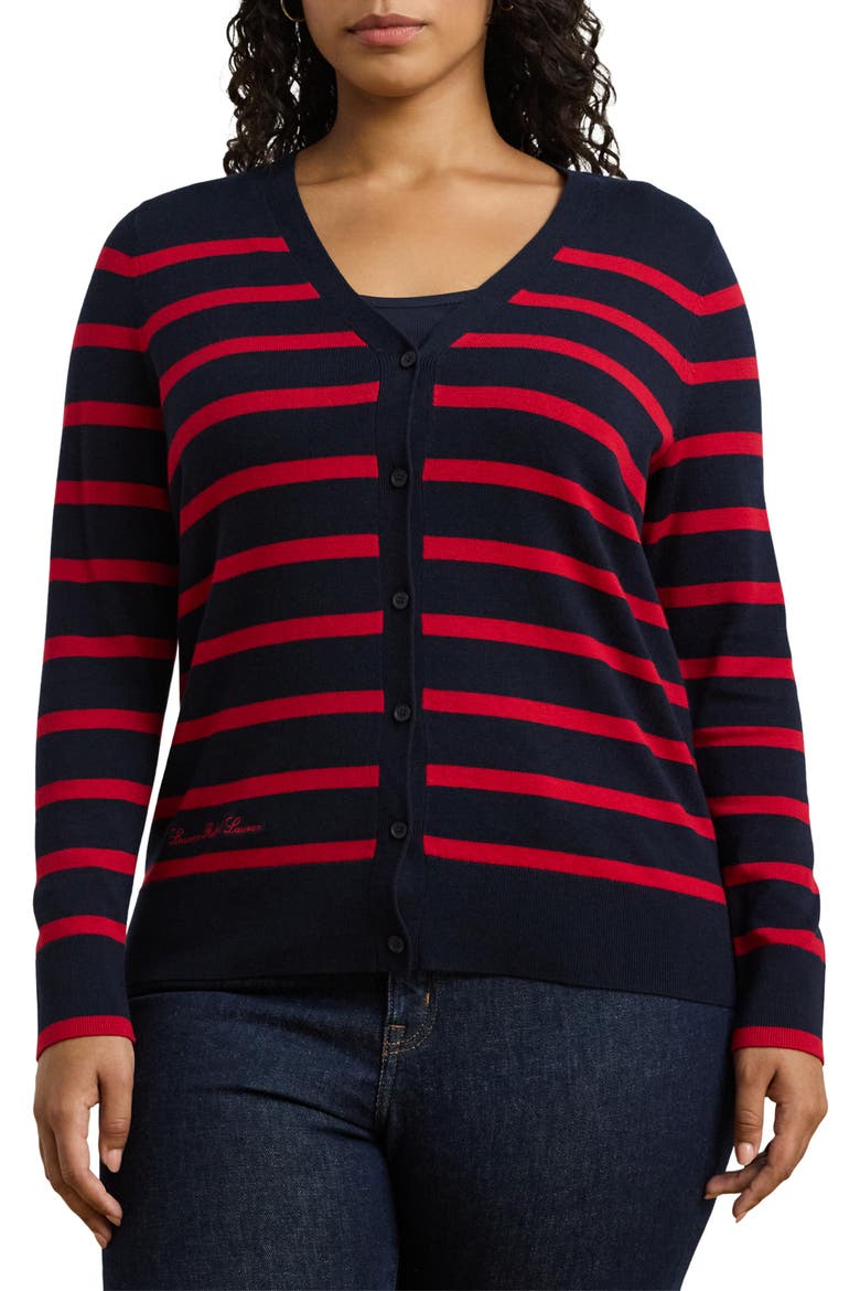 Stripe Cotton & Modal Cardigan, Main, color, LAUREN NAVY/ FESTIVE RED
