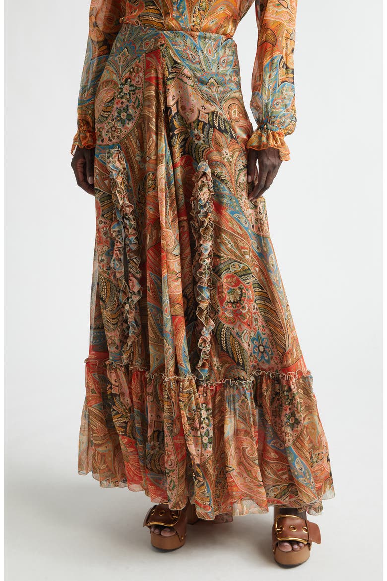 Paisley Print Ruffle Silk Chiffon Maxi Skirt, Alternate, color, PRINT ON RED BASE
