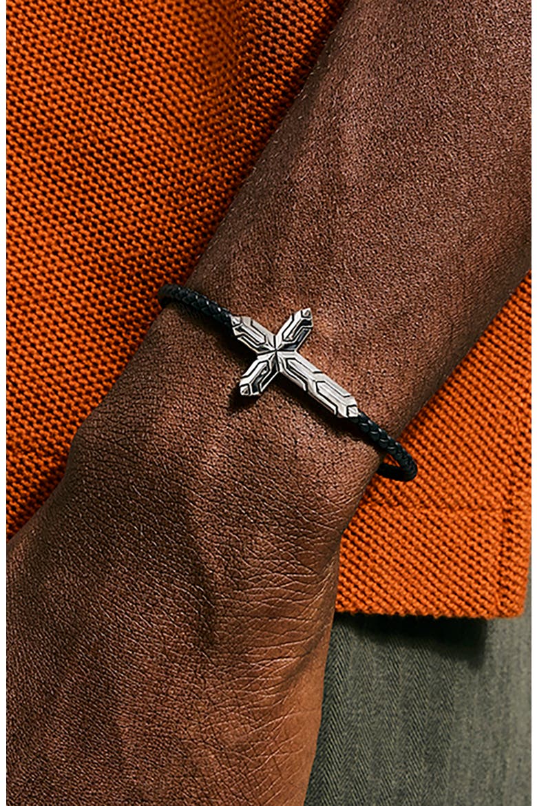 Icon Silver Cross Woven Leather Bracelet, Alternate, color, SILVER