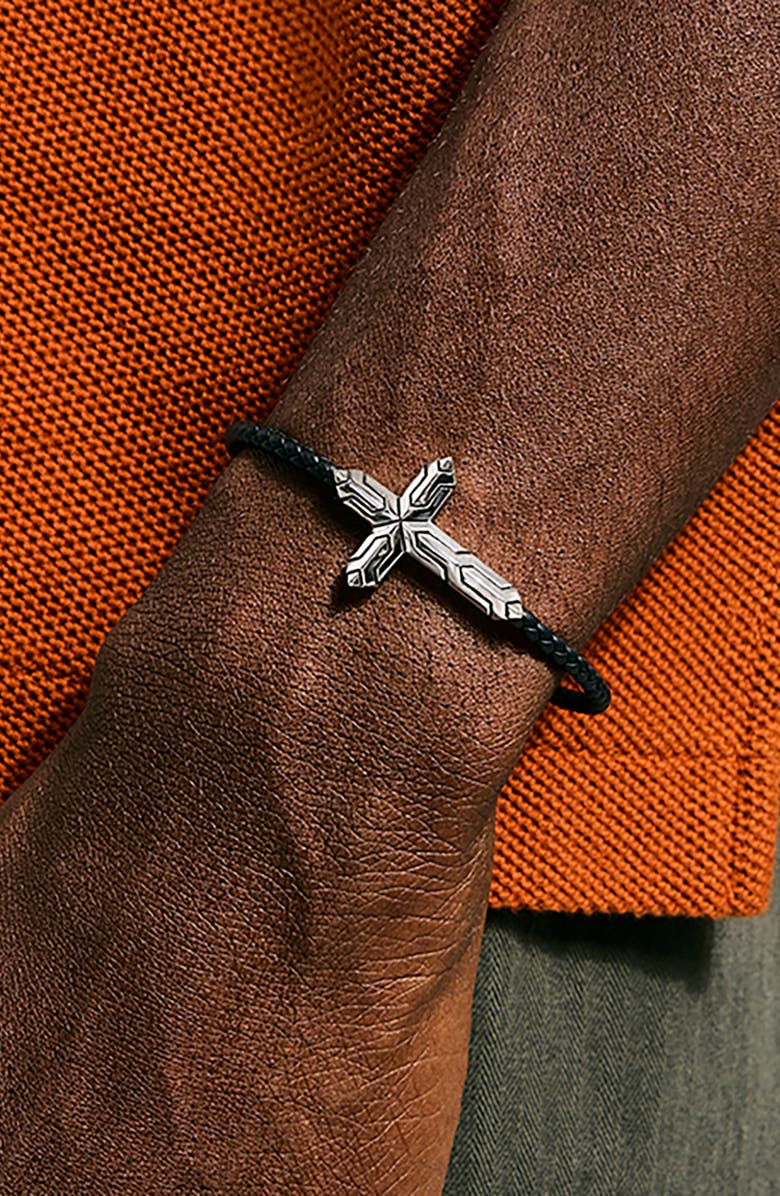 John Hardy Icon Silver Cross Woven Leather Bracelet, Alternate, color, 