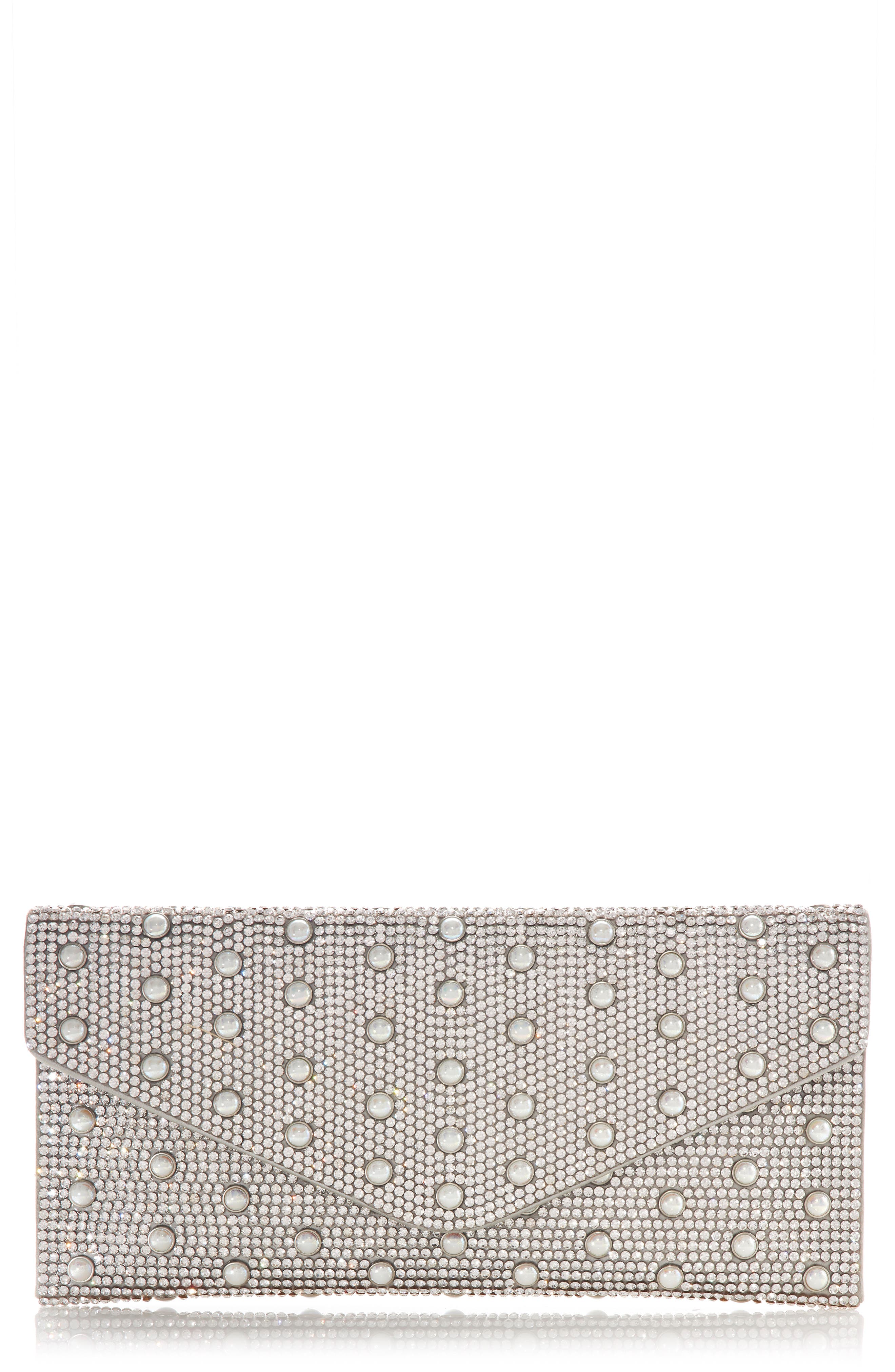 Beaded Envelope Clutch, Main, color, SILVER RHINE MIX