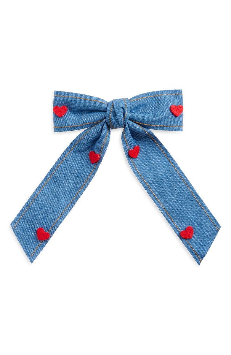 Cara Kids' Denim Felt Heart Hair Bow Barrette, Main, color,