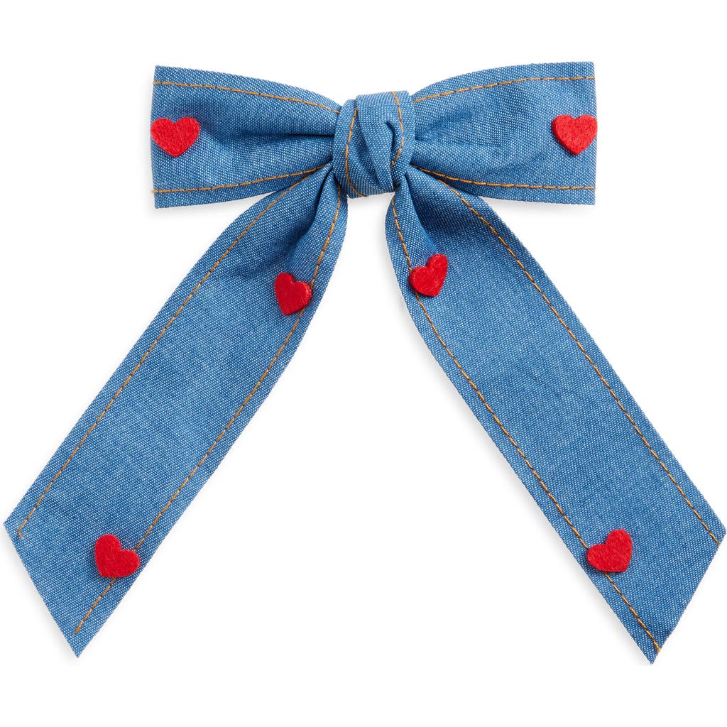 Cara Kids' Denim Felt Heart Hair Bow Barrette In Blue