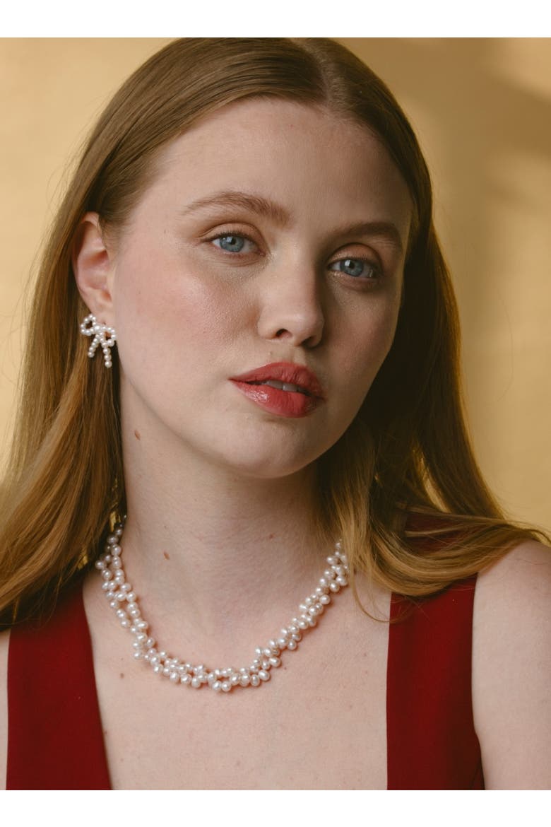 White Freshwater Pearl Bow Earrings, Alternate, color, Sterling Silver