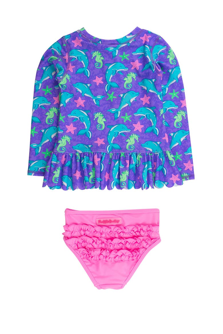 Girls UPF50+ Sun Protected Scallop Hem Long Sleeve Rash Guard Bikini, Alternate, color, Neon Fin Friends