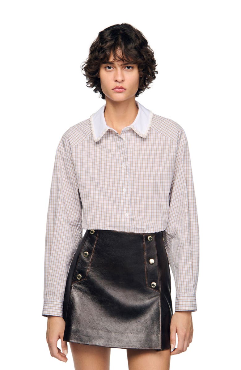 SANDRO Plaid and pearl collar shirt, Main, color, Beige / White