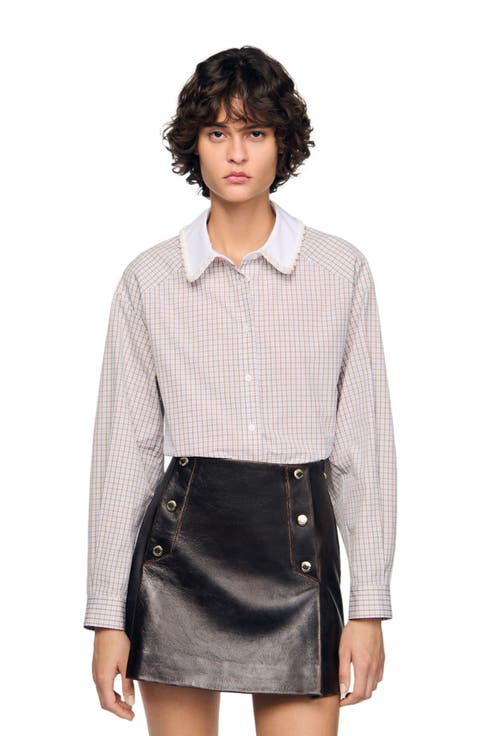 Plaid and pearl collar shirt