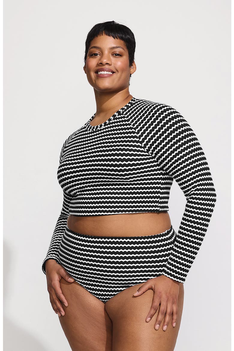 Crochet Long Sleeve Bikini Top and High Waisted Bottoms Swimsuit Set, Main, color, Black/White