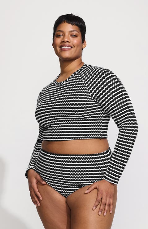 Crochet Long Sleeve Bikini Top and High Waisted Bottoms Swimsuit Set