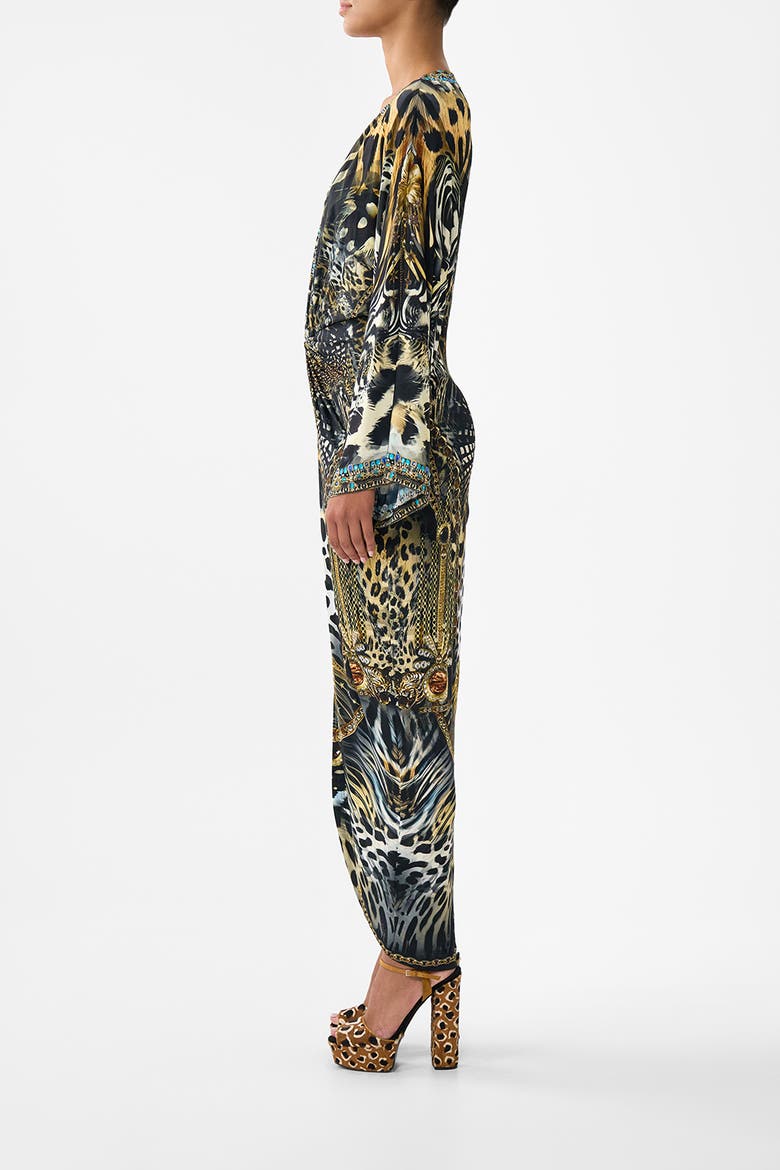 Long Split Front Twist Dress, Alternate, color, Feline Folklore