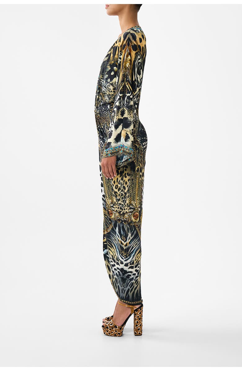 Camilla Long Split Front Twist Dress, Alternate, color, Feline Folklore