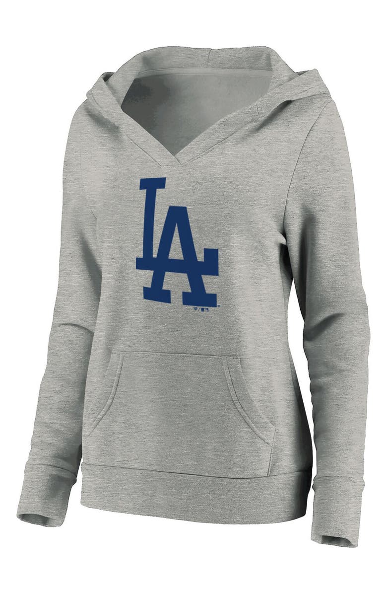 FANATICS Women's Fanatics Branded Heathered Gray Los Angeles Dodgers Official Logo Crossover V-Neck Pullover Hoodie, Main, color, Heather Gray