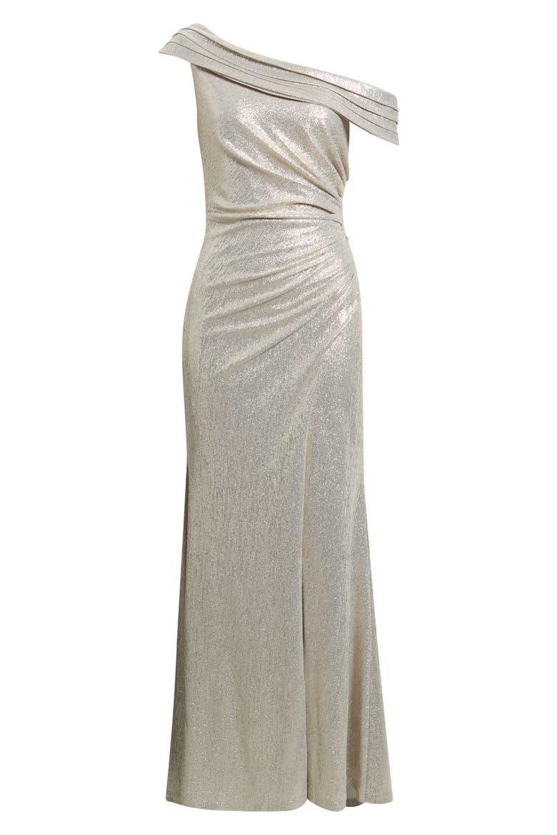 One-Shoulder Ruched Metallic Gown, Alternate, color, GOLD