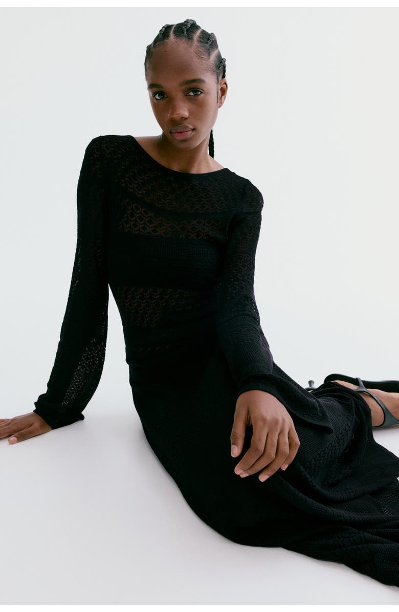 H&M Pointelle-knit Maxi Dress, Alternate, color, Black