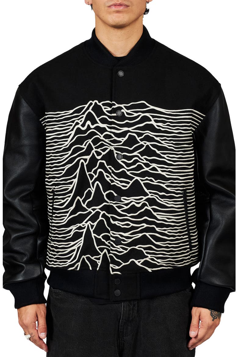 x Joy Division Unknown Pleasures Wool Blend Varsity Jacket, Main, color, BLACK