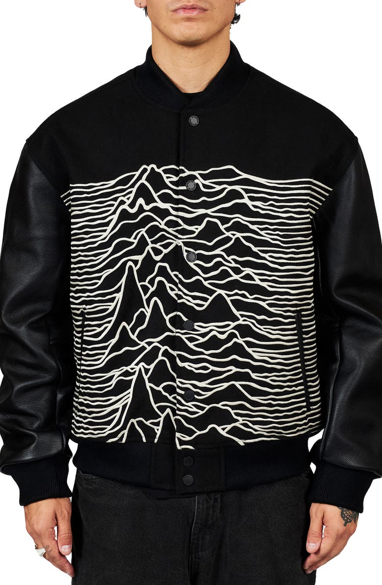PLEASURES x Joy Division Unknown Pleasures Wool Blend Varsity Jacket, Main, color, 