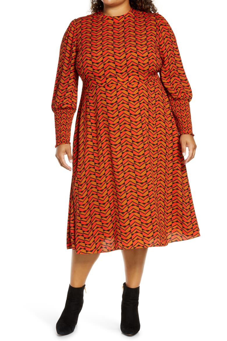 Tie Back Long Sleeve Dress, Main, color, RUST MULTI GEO PRINT