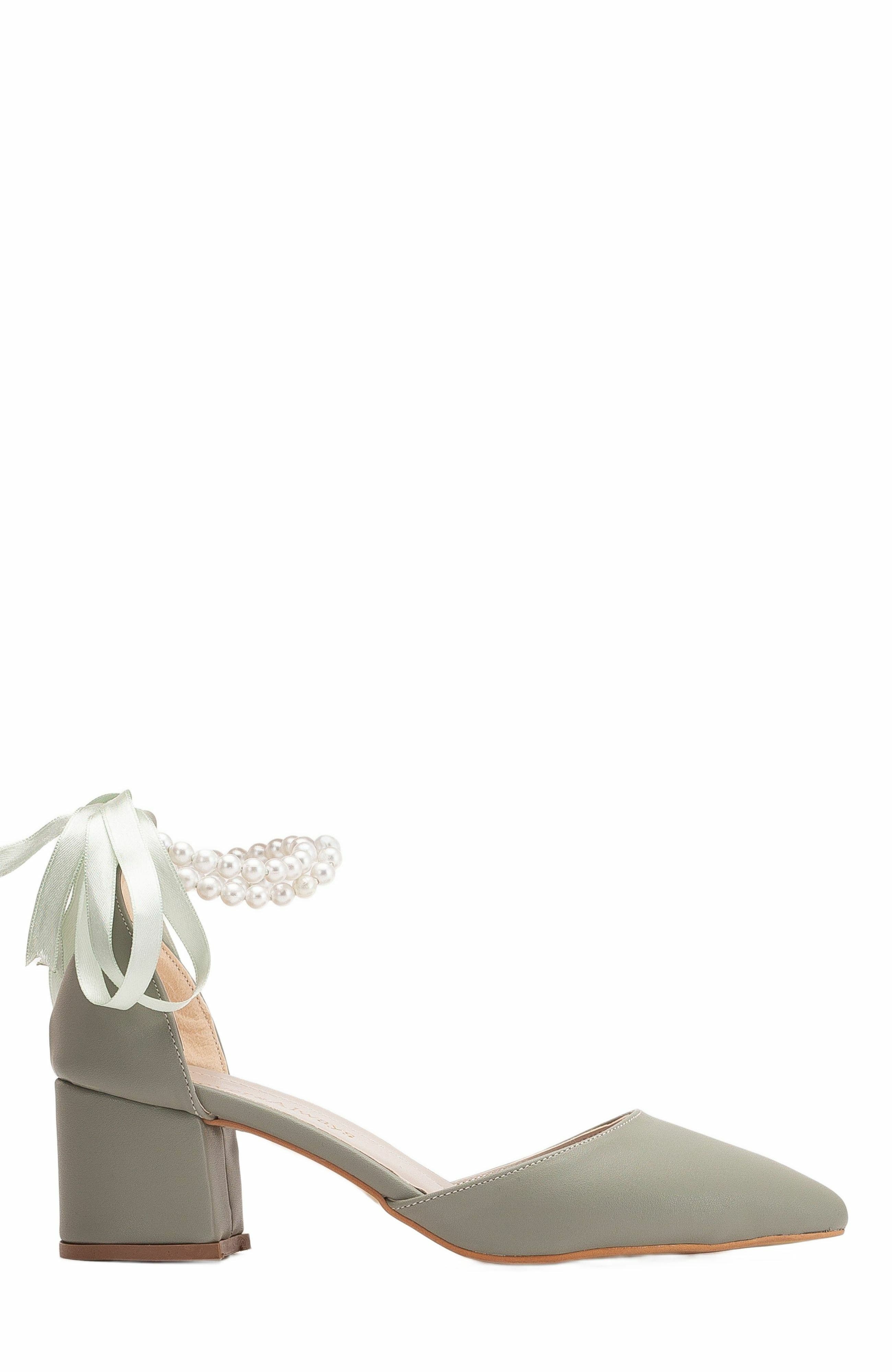 Forever & Always Shoes Miranda Low Block Heels with Pearls, Alternate, color, Sage Green Faux Leather