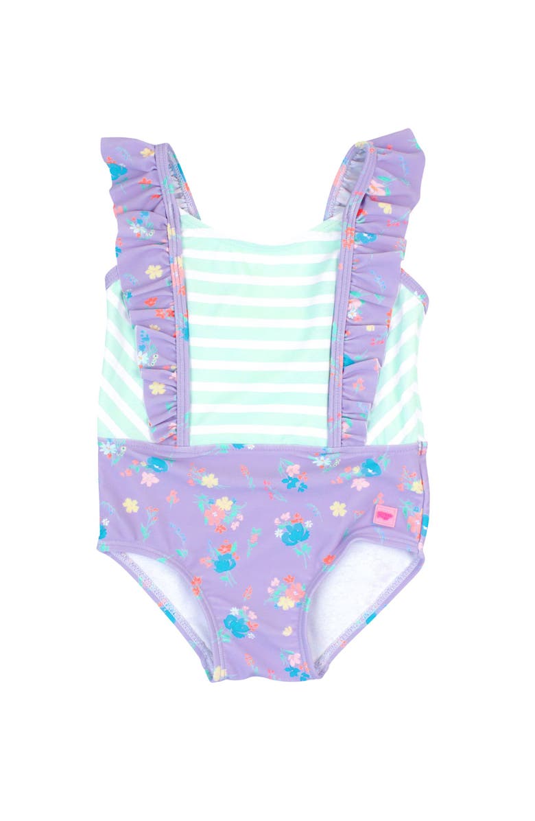 RuffleButts Girls UPF50+ Pinafore One Piece, Main, color, Purple Garden