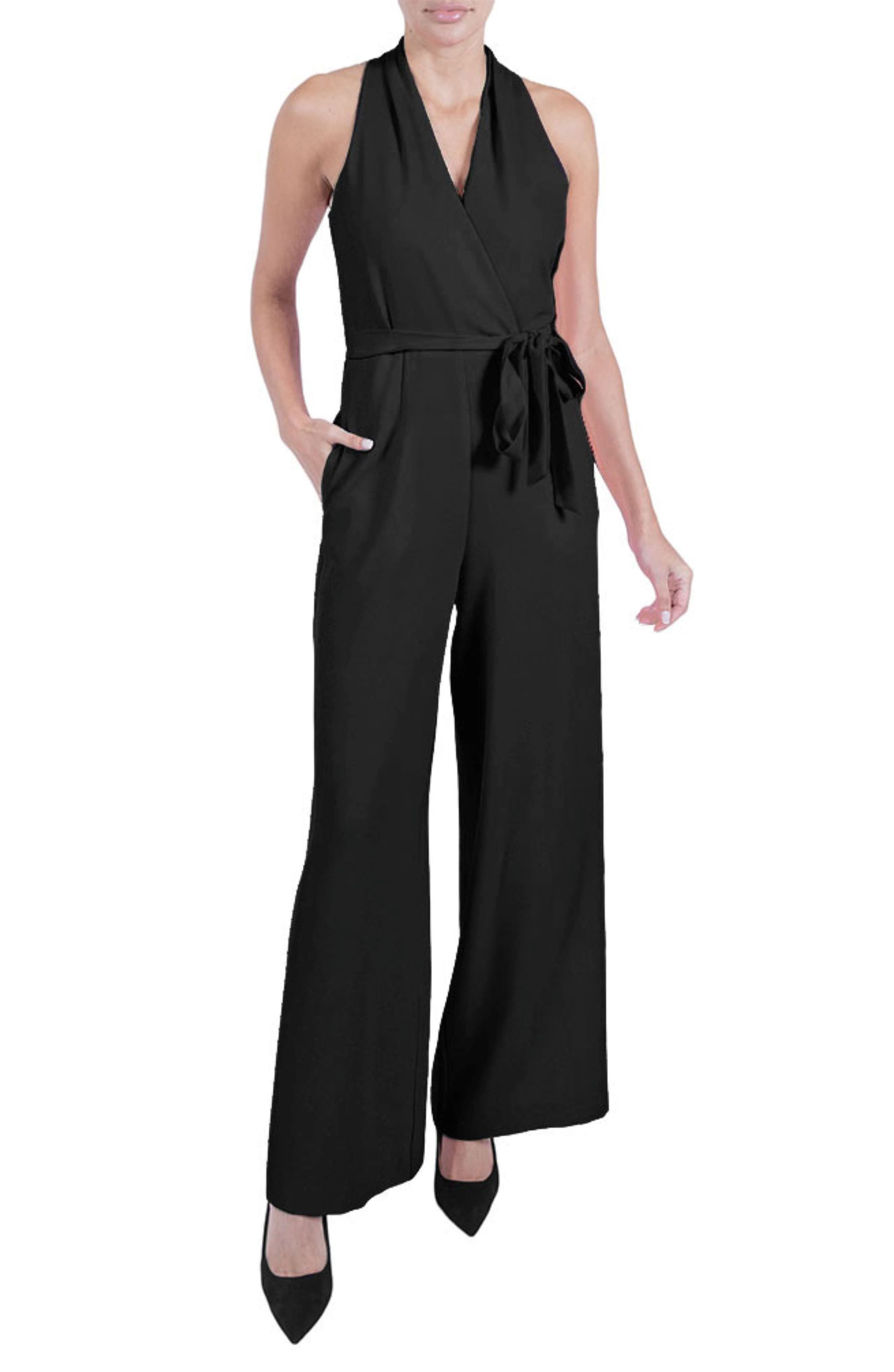 Julia Jordan Tie Waist Wide Leg Jumpsuit in Black 