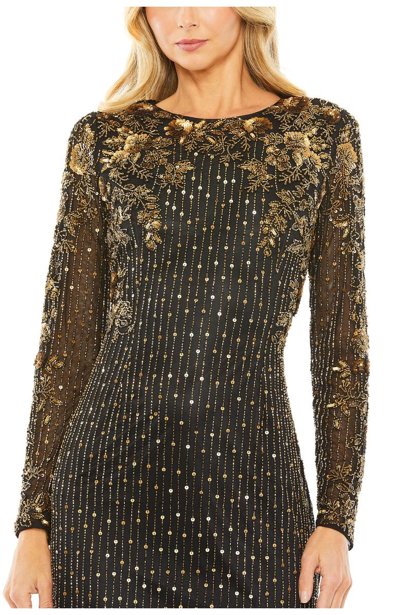 Mac Duggal High Neck Long Sleeve Embellished Gown, Alternate, color, Black Gold