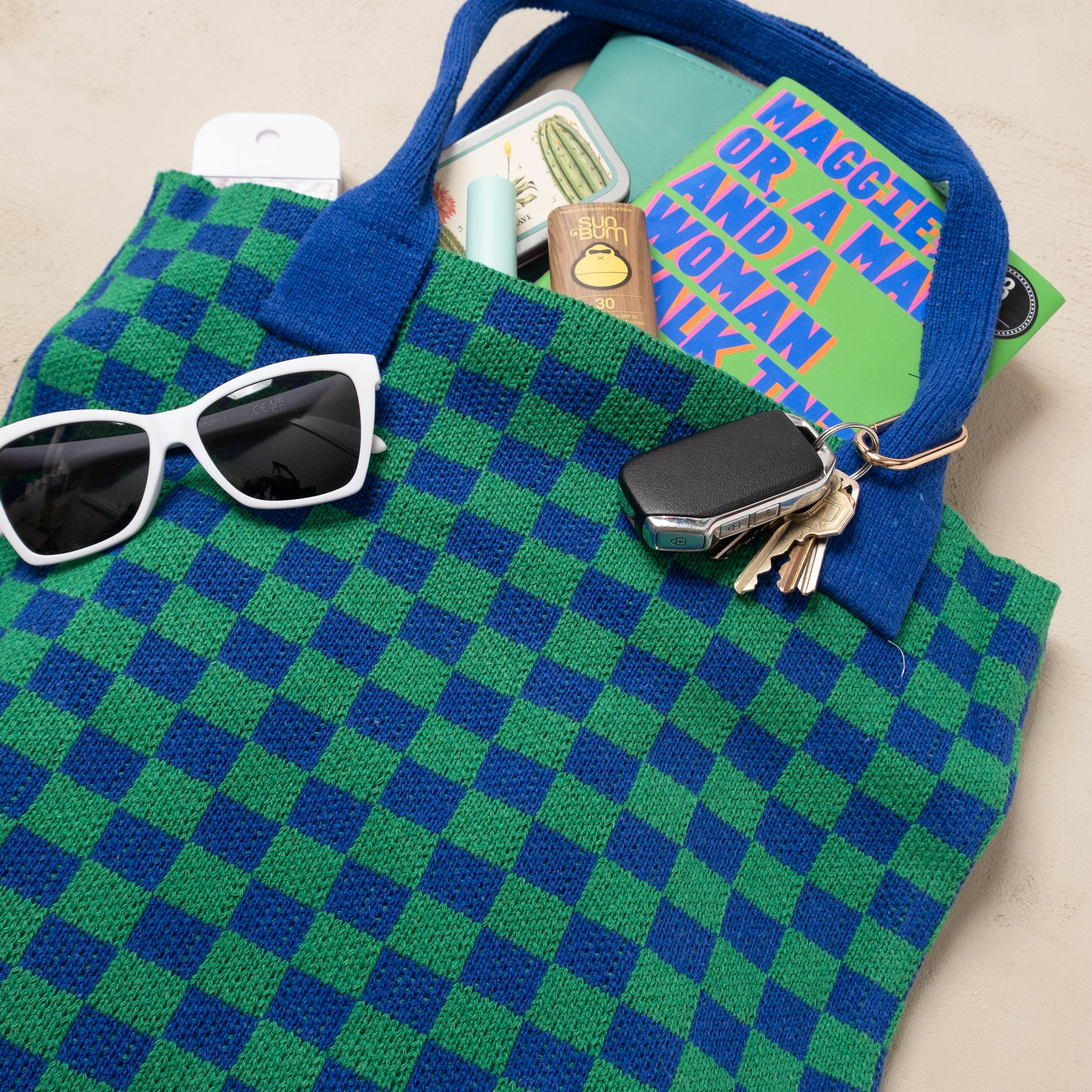 Checkered Sweater Tote Bag, Alternate, color, Navy and Green