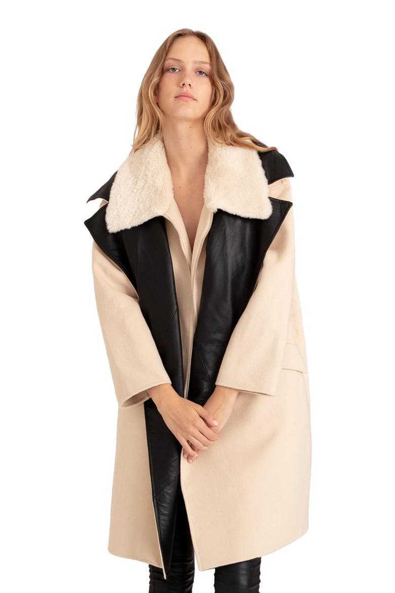 Watch Me Go Oversized Leather Trimmed Coat, Alternate, color, Pale Oat