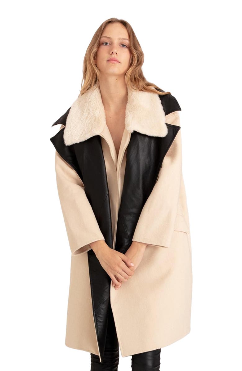 Belle & Bloom Watch Me Go Oversized Leather Trimmed Coat, Alternate, color, Pale Oat