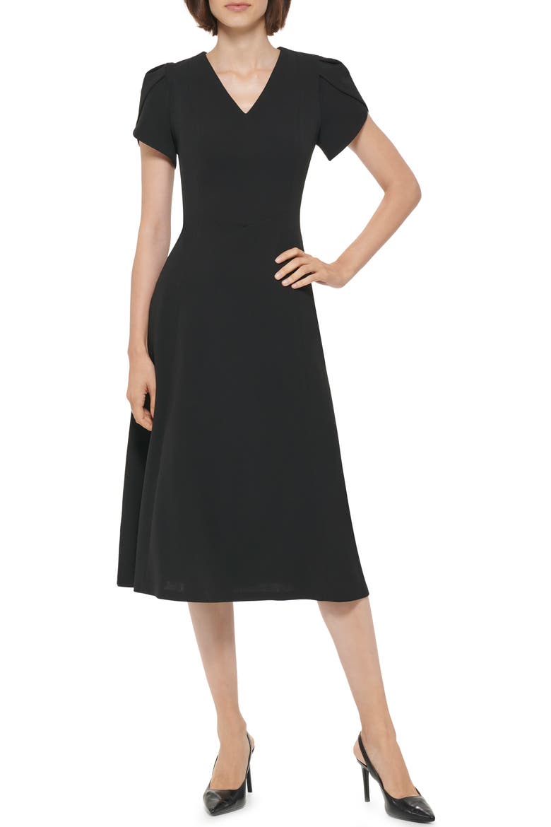 Tulip Sleeve A-Line Midi Dress, Main, color, BLACK