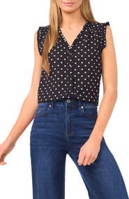 CeCe Ruffle Trim Print Sleeveless Top